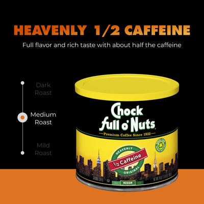 A can of Chock full o’Nuts Heavenly 1/2 Caffeine - Medium - Ground features premium coffee beans and a city skyline graphic on a black and orange background.