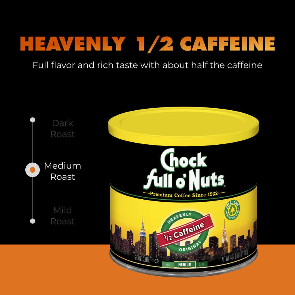 A can of Chock full o’Nuts Heavenly 1/2 Caffeine - Medium - Ground features premium coffee beans and a city skyline graphic on a black and orange background.