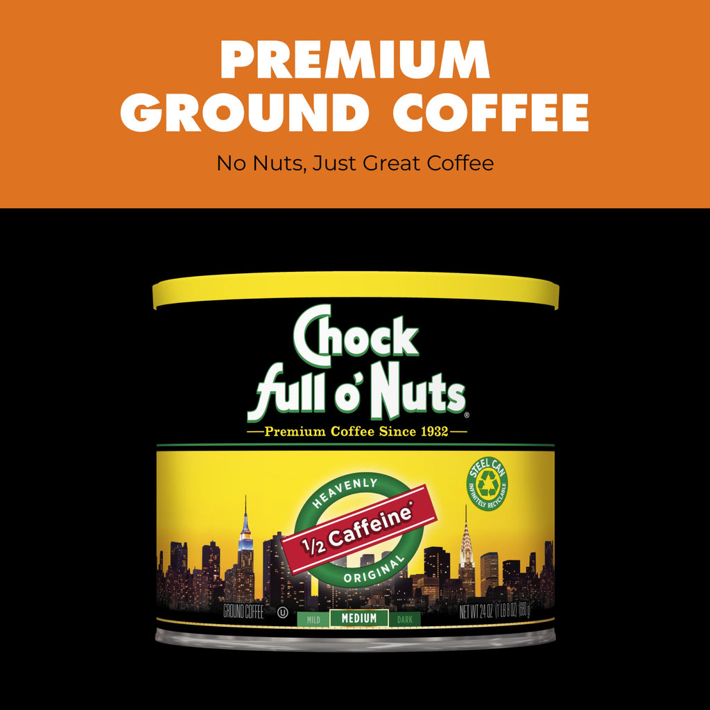 A can of Chock full o’Nuts Heavenly 1/2 Caffeine Medium Ground coffee, featuring a New York City skyline design on the label.