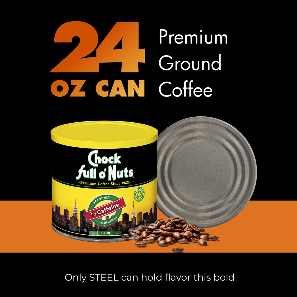 A 24 oz can of Chock full o’Nuts Heavenly 1/2 Caffeine Medium Ground coffee, featuring premium beans and an open lid, displayed against a bold black and orange background.