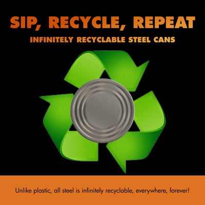 A steel can of Chock full o’Nuts Heavenly Original Medium Ground coffee stands before a green recycling symbol, showcasing steel’s infinite recyclability—enjoy great coffee and help the planet with every cup.
