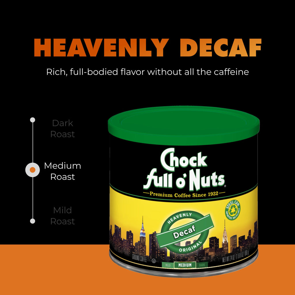 A can of Chock full o’Nuts Heavenly Decaf Original Medium Ground coffee is shown, featuring a dark city skyline at the bottom.
