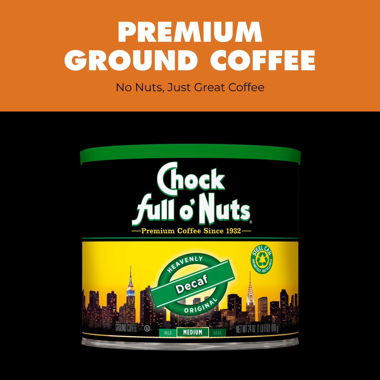 Enjoy a can of Chock full o’Nuts Heavenly Decaf Original medium ground coffee—crafted from premium beans for rich, full-flavored, decaffeinated coffee without the caffeine.