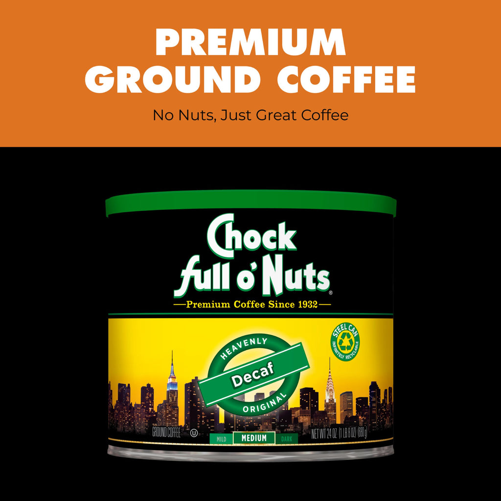 A can of Chock full o'Nuts Heavenly Decaf Original Medium Ground coffee, featuring a New York City skyline on the label and text above promoting the product.