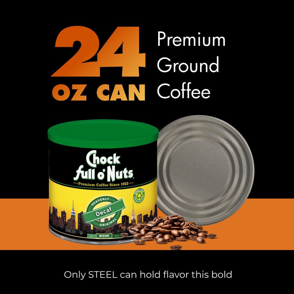 A 24 oz can of Chock full o’Nuts Heavenly Decaf Original Medium Ground Coffee, in a steel-lidded can, is set against a bold black and orange background.