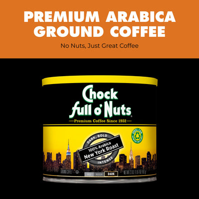 A can of Chock full o'Nuts New York Roast - Dark - Ground coffee is shown against an orange and black backdrop, with promotional text highlighting this rich, dark roast.