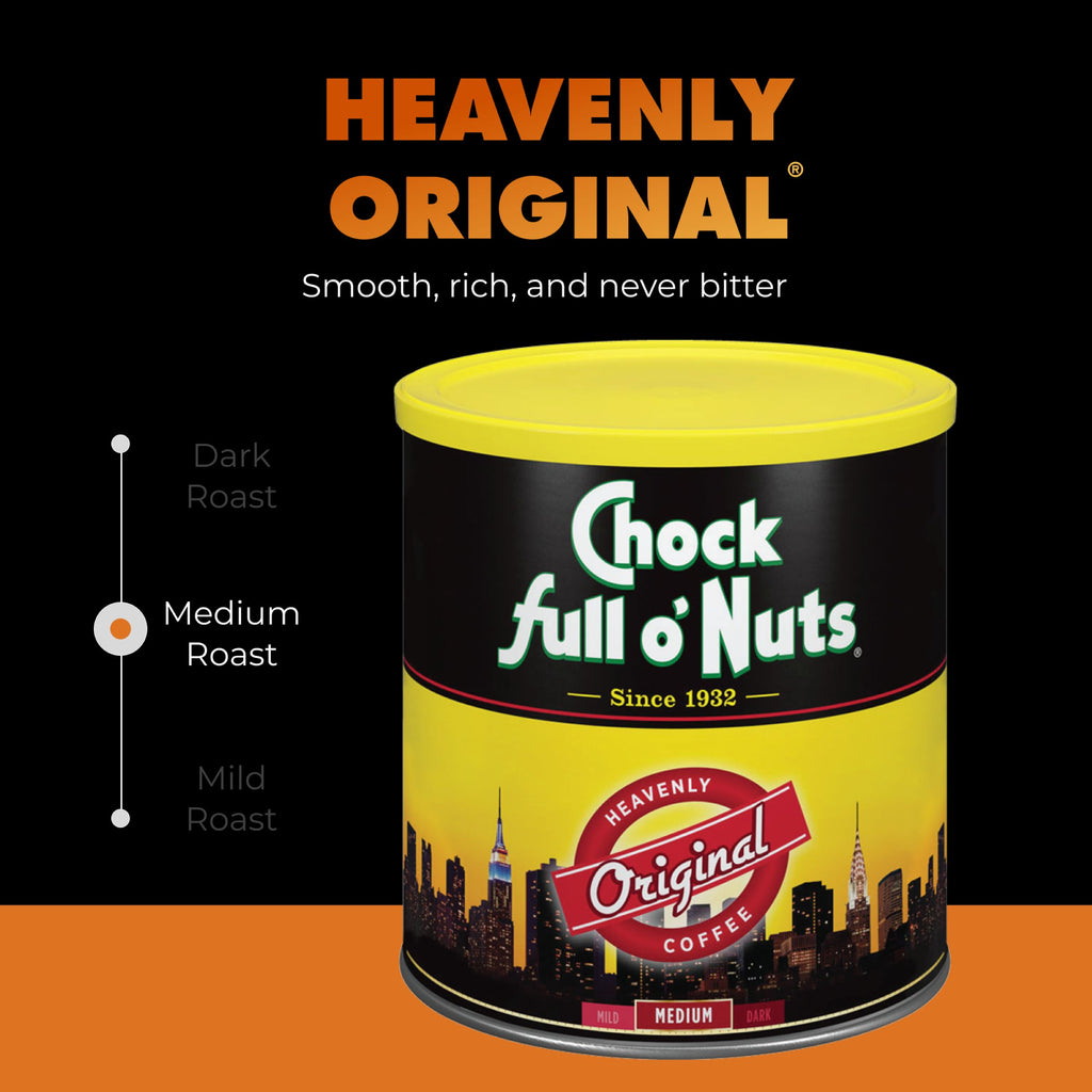 A can of Chock full o’Nuts Heavenly Original - Medium - Ground coffee is displayed against a black and orange background, featuring a roast level indicator and tagline.