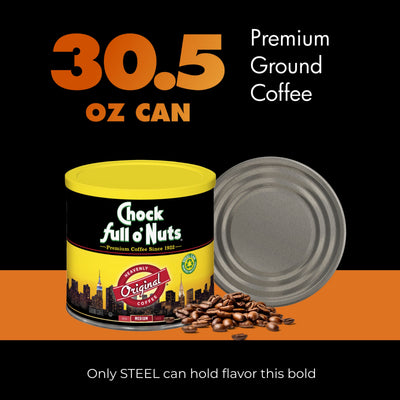 A 30.5 oz can of Chock full o’Nuts Heavenly Original Medium Ground coffee with open lid and beans, displayed on a black and orange background. Text: "Only STEEL can hold flavor this bold.