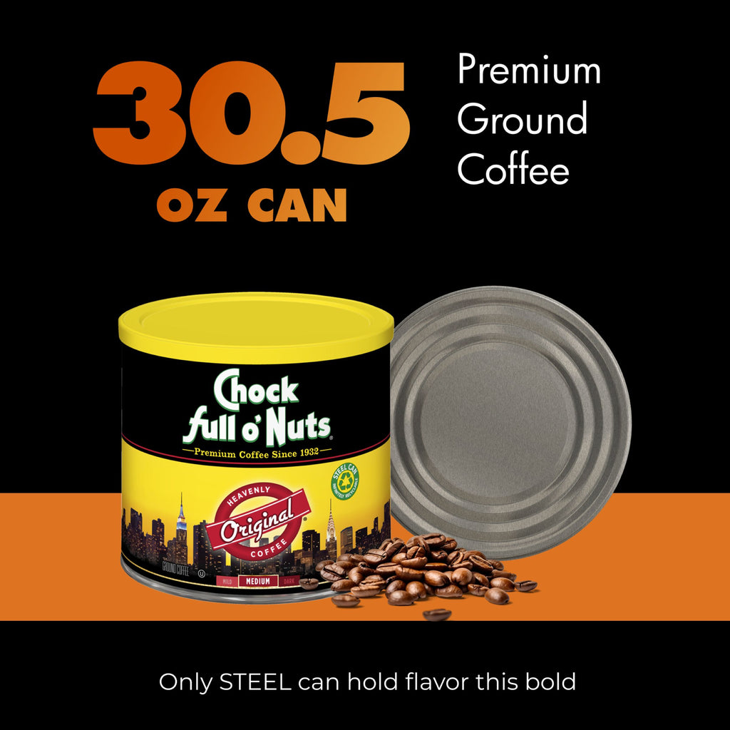 A 30.5 oz can of Chock full o’Nuts Heavenly Original Medium Ground coffee, featuring premium beans and a steel lid, stands out against a bold black and orange background.