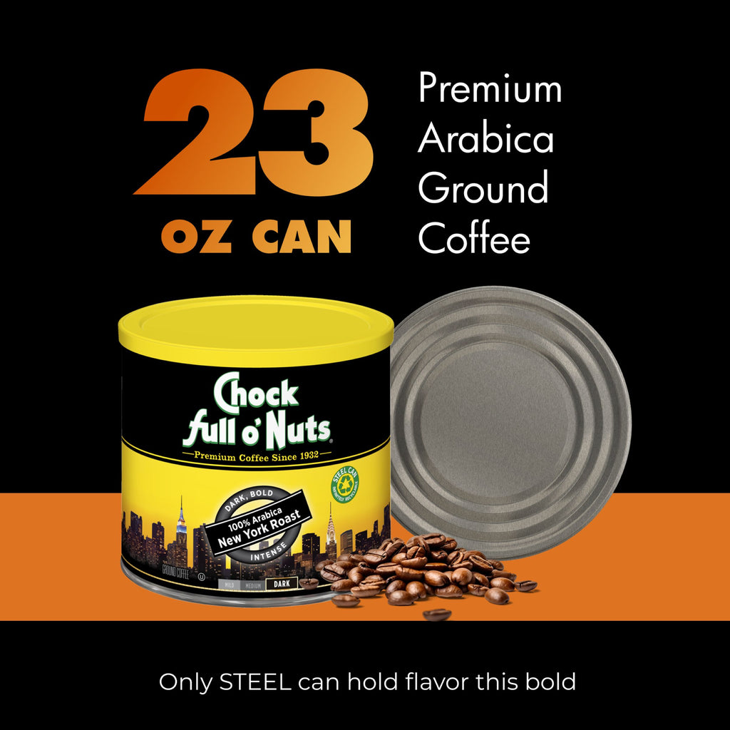 A 23 oz can of Chock full o’Nuts New York Roast Dark Ground coffee, with beans and the lid, displayed on a striking black and orange background.