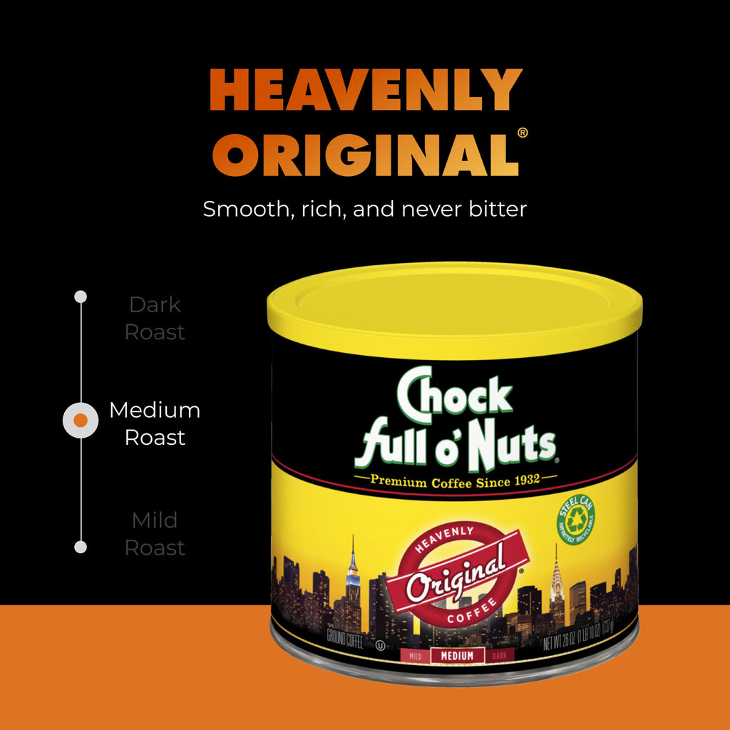 A can of Chock full o’Nuts Heavenly Original Medium Ground coffee appears against a black and orange background, with text highlighting its smooth, rich flavor that’s never bitter.