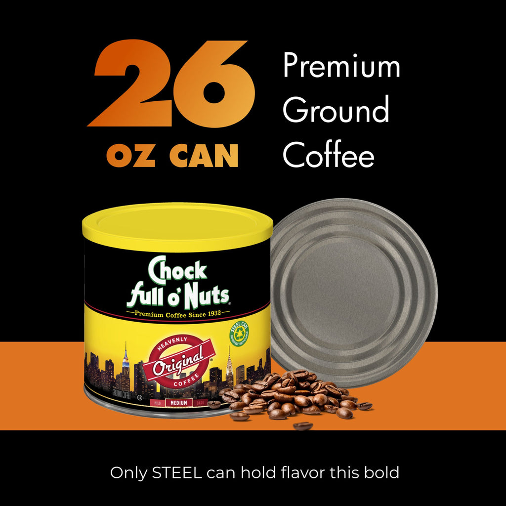 A 26 oz can of Chock full o’Nuts Heavenly Original Medium Ground coffee, lid off, with premium ground coffee in front. Text highlights the steel can and bold flavor of this original roast from Chock full o’Nuts.