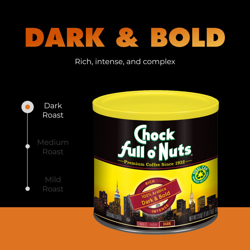 A can of Chock full o'Nuts Dark & Bold - Dark - Ground coffee is featured with a yellow lid and black and yellow packaging, set against a bold black and orange background.