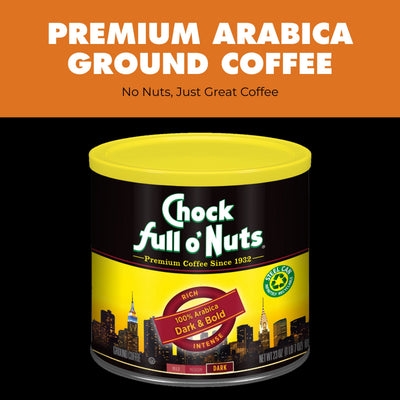 A can of Chock full o'Nuts Dark & Bold - Dark - Ground coffee, featuring a dark roast with a yellow lid and city skyline on the label.