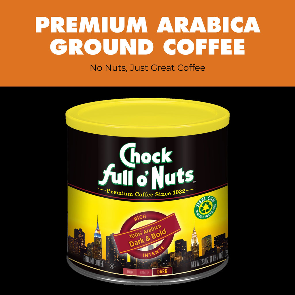 A can of Chock full o'Nuts Dark & Bold - Dark - Ground coffee, featuring a dark roast with a yellow lid and city skyline on the label.
