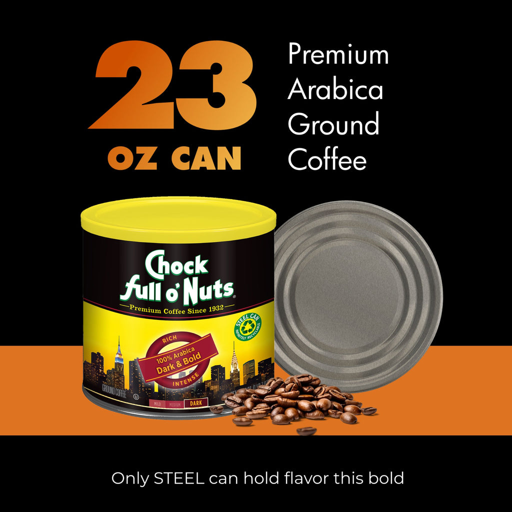 A 23 oz can of Chock full o’Nuts Dark & Bold – Dark – Ground coffee sits with scattered beans and its lid nearby. The steel can highlights bold flavor and expertly roasted Arabica beans for a rich dark roast.