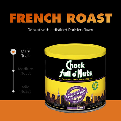 A can of Chock full o’Nuts French Roast - Dark - Ground coffee is shown, featuring a city skyline design on the packaging that highlights its Parisian-inspired flavor.