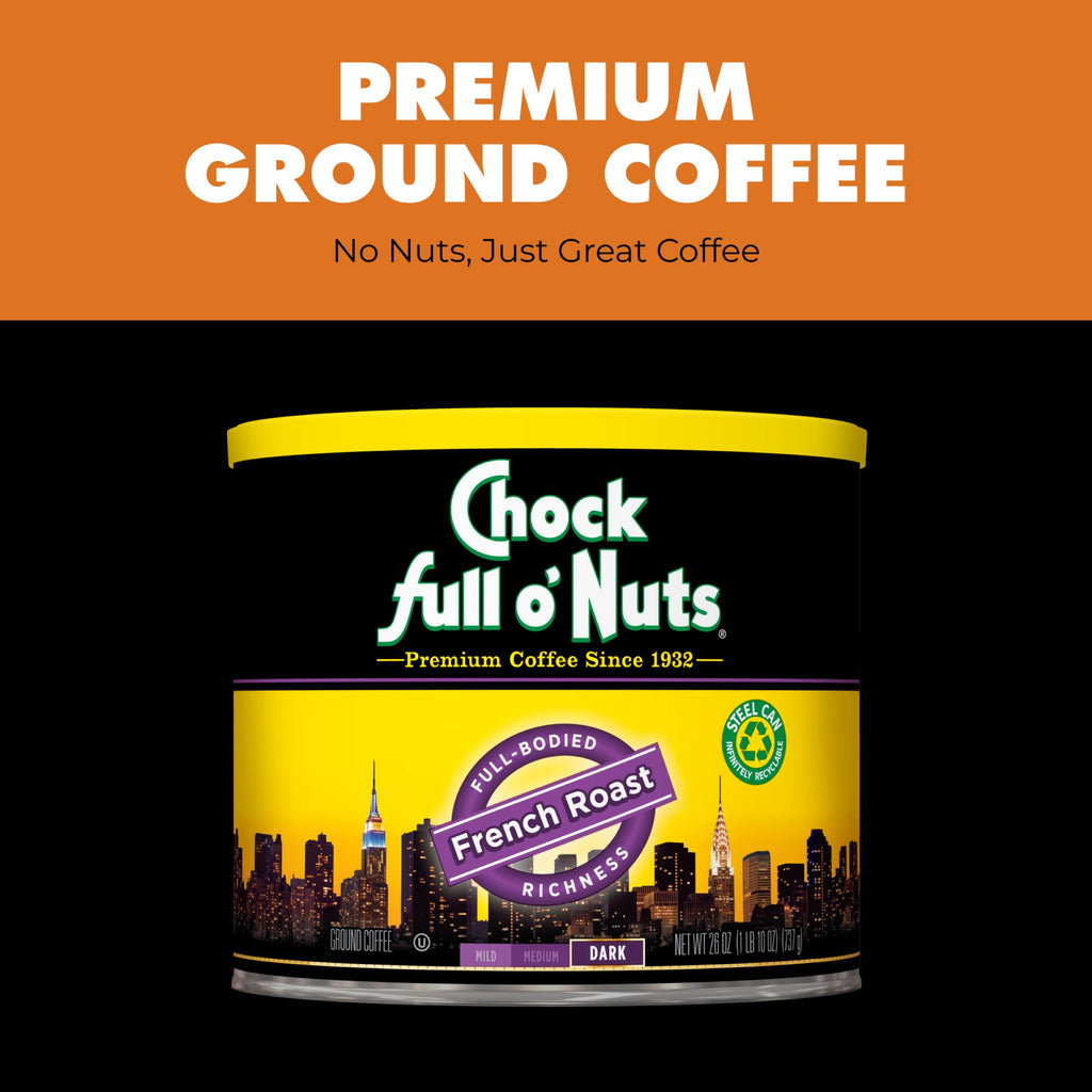A can of Chock full o'Nuts French Roast - Dark - Ground coffee, crafted from premium beans, comes in a yellow and black label with New York City skyline accents.