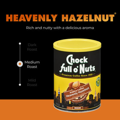 A can of Chock full o'Nuts Heavenly Hazelnut - Medium - Ground coffee appears against a black and orange background, featuring a label that highlights its nutty aroma and flavor from premium Arabica coffee beans.