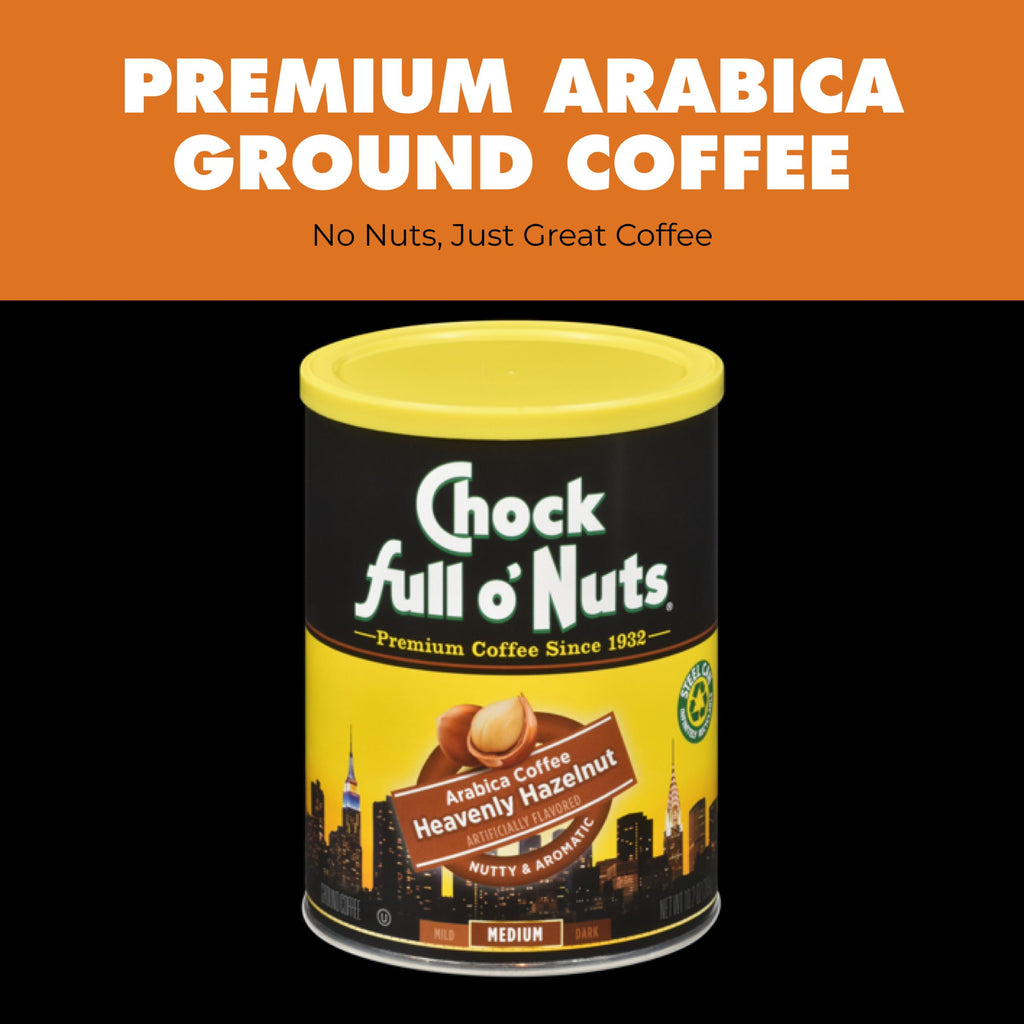 A can of Chock full o'Nuts Heavenly Hazelnut - Medium - Ground coffee, made with premium Arabica beans, featuring a city skyline and hazelnut graphic on the label.
