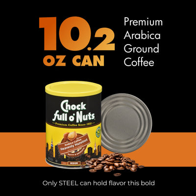 A 10.2 oz can of Chock full o'Nuts Heavenly Hazelnut - Medium - Ground coffee is displayed without its lid, surrounded by premium Arabica beans on a black and orange background.