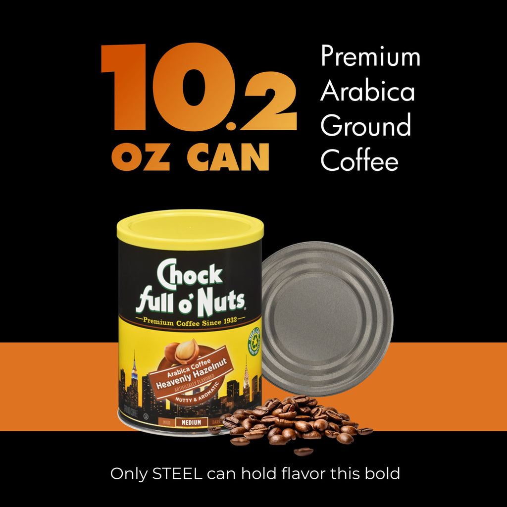 A 10.2 oz can of Chock full o’Nuts Heavenly Hazelnut Medium Ground Coffee with a yellow lid is shown beside the steel lid and scattered premium Arabica beans on a black and orange background.