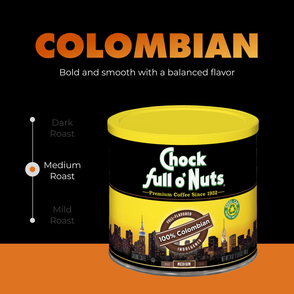 A can of Chock full o’Nuts 100% Colombian - Medium - Ground coffee sits against a striking black and orange background, featuring a NYC skyline and “100% Colombian” label. Experience its rich, smooth flavor.