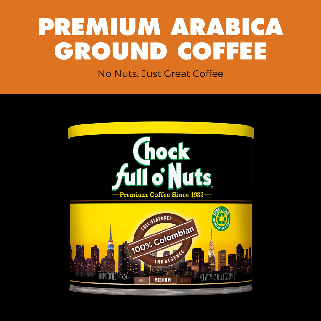 A can of Chock full o’Nuts 100% Colombian - Medium - Ground coffee is shown with the slogan, “No Nuts, Just Great Coffee.”.