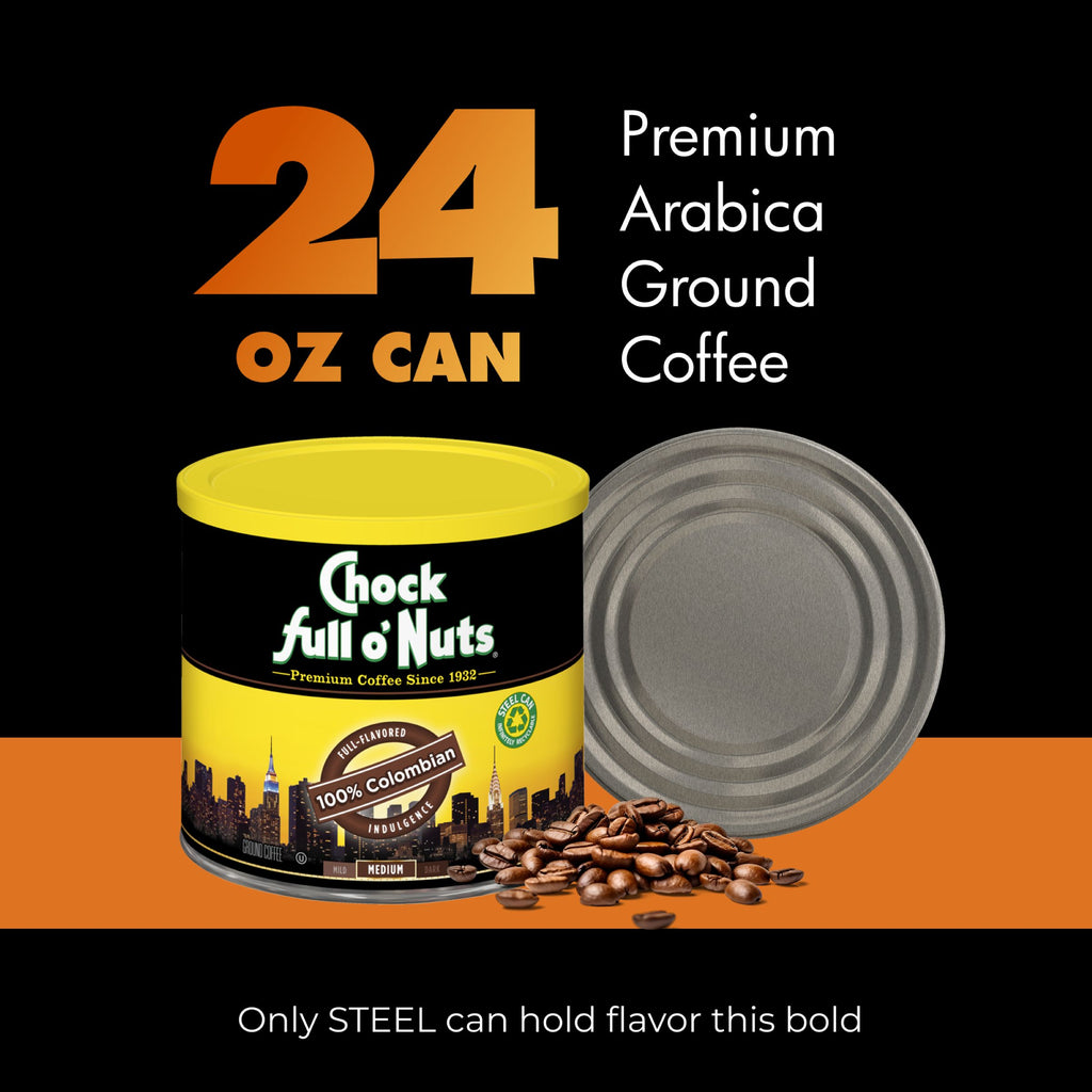 A 24 oz can of Chock full o’Nuts 100% Colombian Medium ground coffee with coffee beans and a can lid nearby, set against a bold black and orange background.