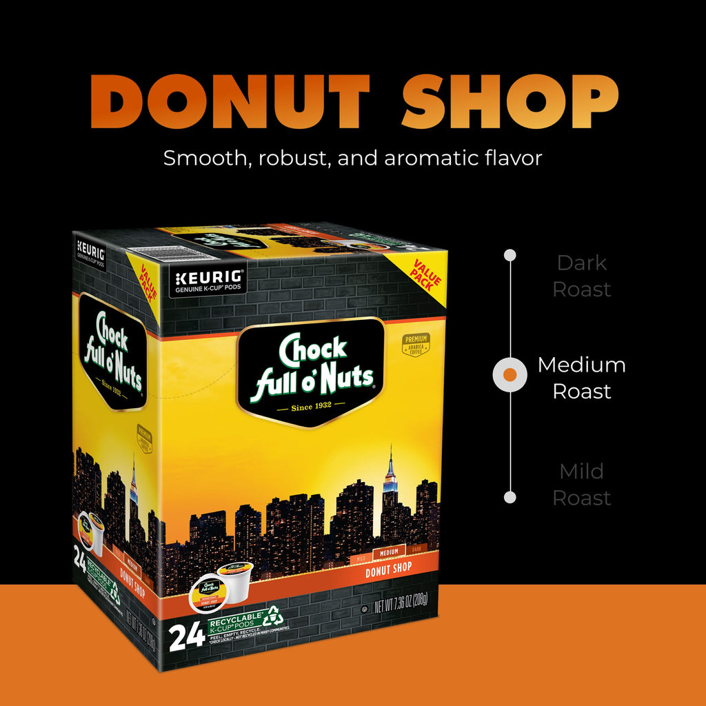 Chock full o'Nuts Donut Shop K-Cup® Pods (Medium Roast) box features a roast level indicator, city skyline graphic, and promotes its smooth flavor from premium Arabica beans.