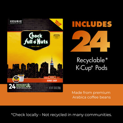 Chock full o'Nuts Donut Shop K-Cup® Pods, Medium Roast, 24-count box, features NYC skyline graphics, a recycling disclaimer, and is labeled recyclable. Made with premium Arabica beans.