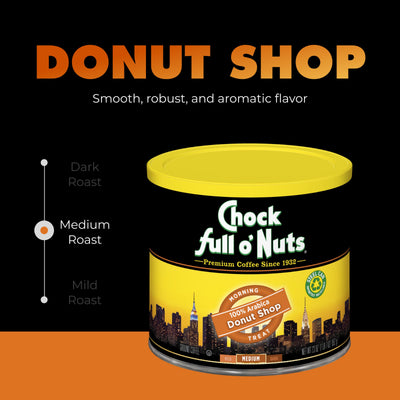A can of Chock full o'Nuts Donut Shop - Medium - Ground coffee is set against a black and orange background, featuring a graphic that highlights its medium roast flavor profile.