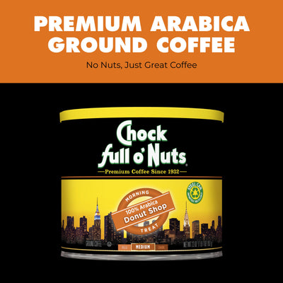 A can of Chock full o'Nuts Donut Shop - Medium - Ground coffee, featuring a city skyline design and labeled as 100% Arabica medium roast.
