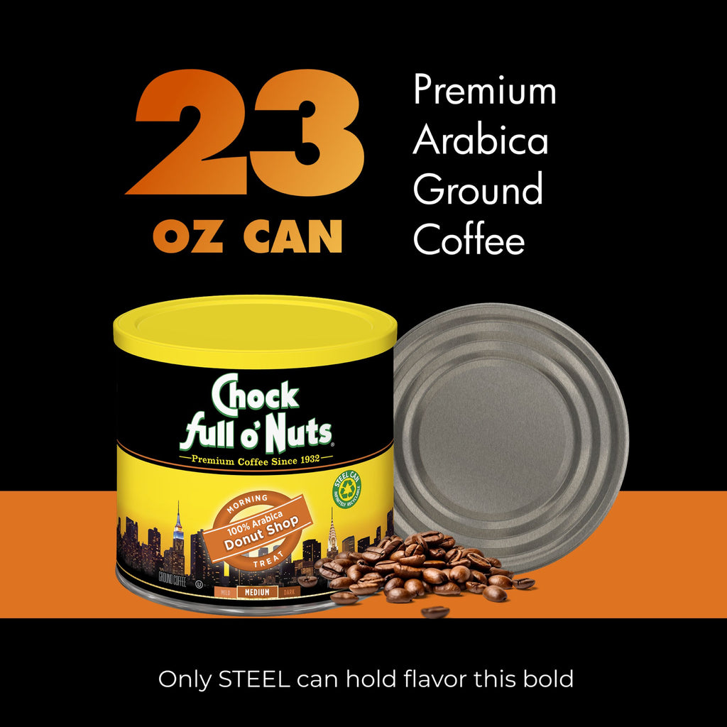 A 23 oz can of Chock full o’Nuts Donut Shop Medium Ground coffee with a detached lid is displayed against a bold black and orange background—ideal for fans of smooth, medium roast coffee.