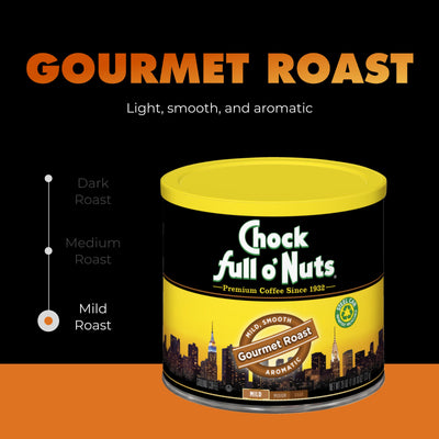A can of Chock full o’Nuts Gourmet Roast - Mild - Ground coffee is displayed with a roast indicator showing Mild, described as light, smooth, and aromatic for a premium light roast coffee experience.