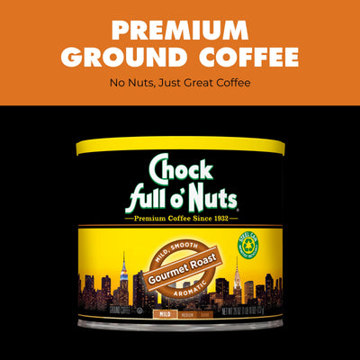 A can of Chock full o'Nuts Gourmet Roast - Mild - Ground coffee shown on an orange and black background with the phrase, "Premium Ground Coffee. No Nuts, Just Great Coffee," made from premium beans.