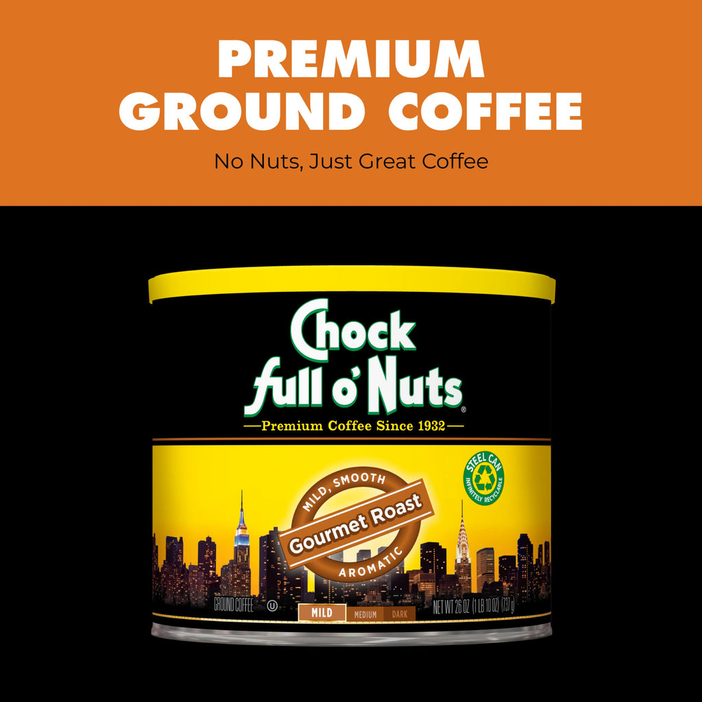 A can of Chock full o’Nuts Gourmet Roast - Mild - Ground coffee appears beneath the text "Premium Ground Coffee. No Nuts, Just Great Coffee" on an orange background, emphasizing its rich, premium flavor.