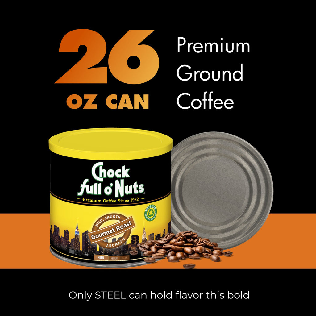 A 26 oz can of Chock full o’Nuts Gourmet Roast Mild Ground coffee is displayed with premium beans and the lid beside it. Text highlights the 26 oz size and the durable steel can.