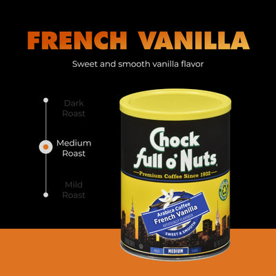 A can of Chock full o'Nuts French Vanilla - Medium - Ground coffee is shown, featuring its sweet, smooth vanilla flavor and perfectly balanced medium roast made from premium Arabica beans.