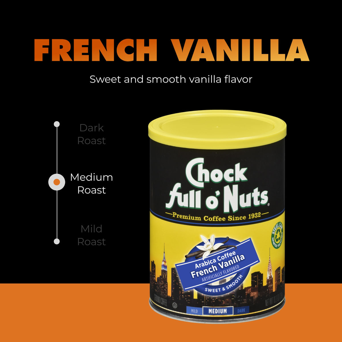 A can of Chock full o'Nuts French Vanilla - Medium - Ground coffee is shown, featuring premium Arabica beans, a medium roast indicator, and text describing its sweet, smooth flavor.