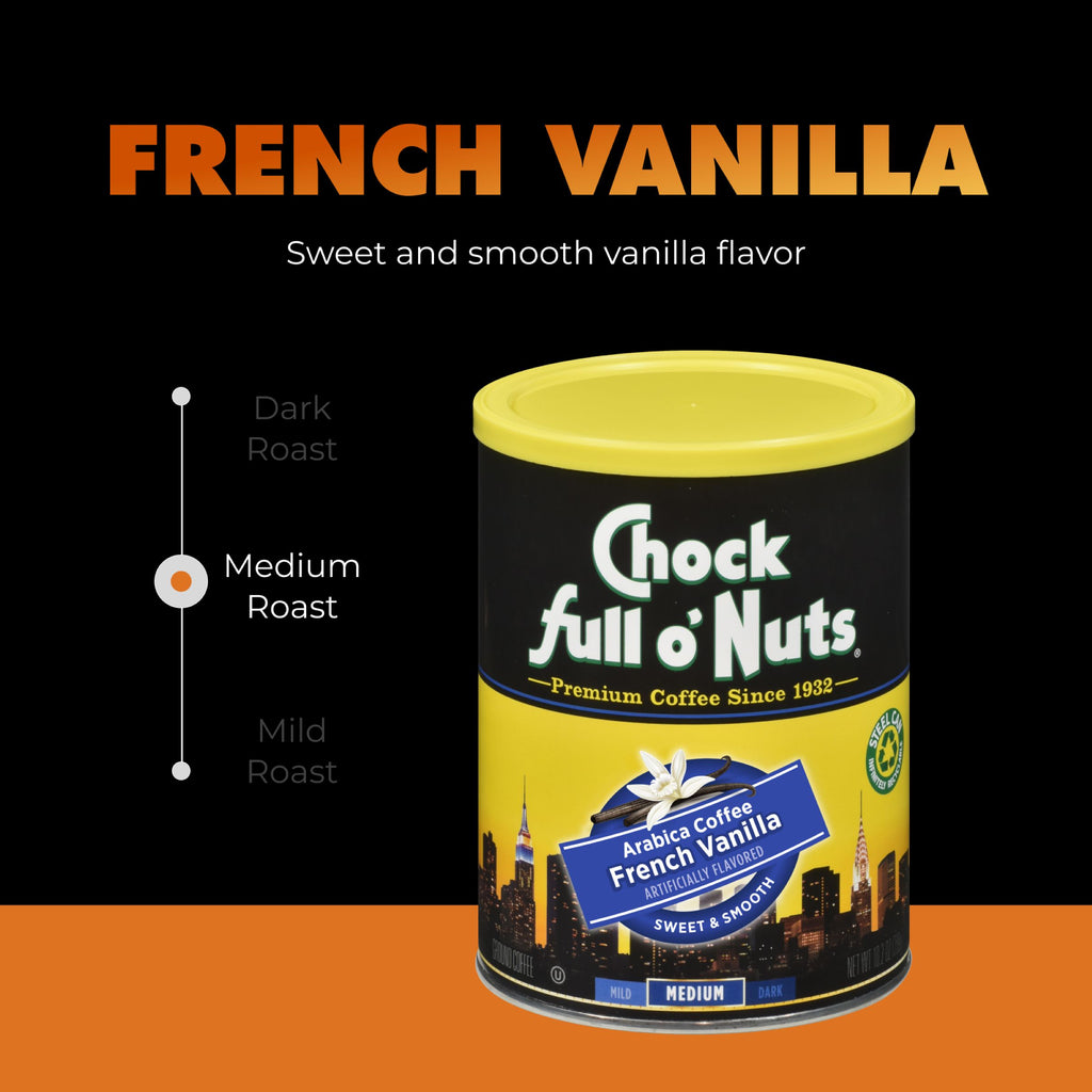 A can of Chock full o'Nuts French Vanilla - Medium - Ground coffee is shown, featuring premium Arabica beans, a medium roast indicator, and text describing its sweet, smooth flavor.