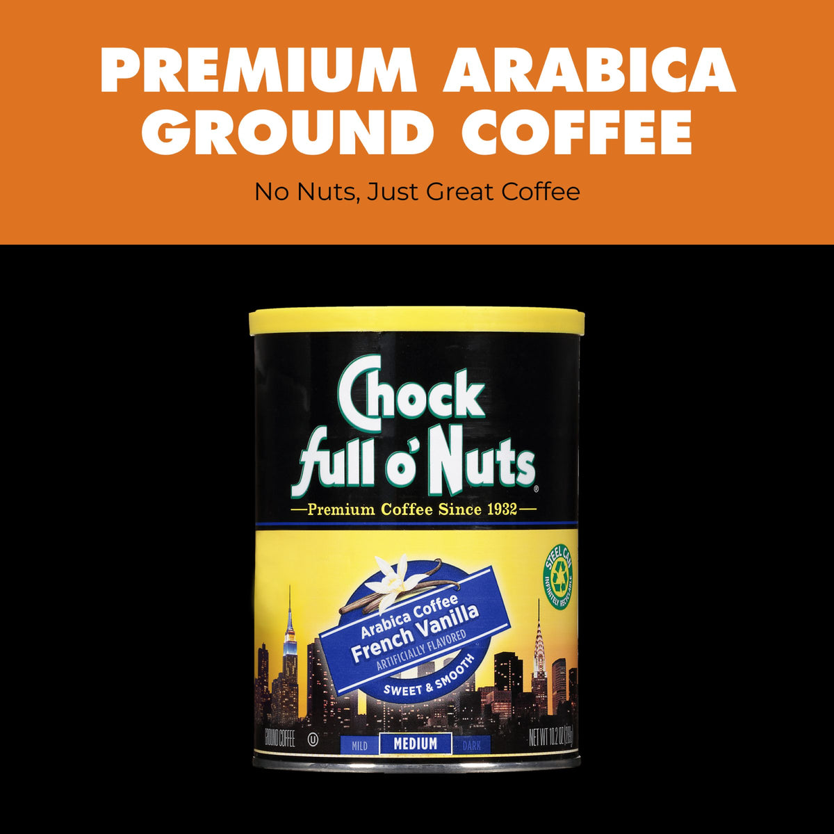 A can of Chock full o’Nuts French Vanilla Medium Ground coffee, featuring premium Arabica beans and a New York City skyline design on the label.