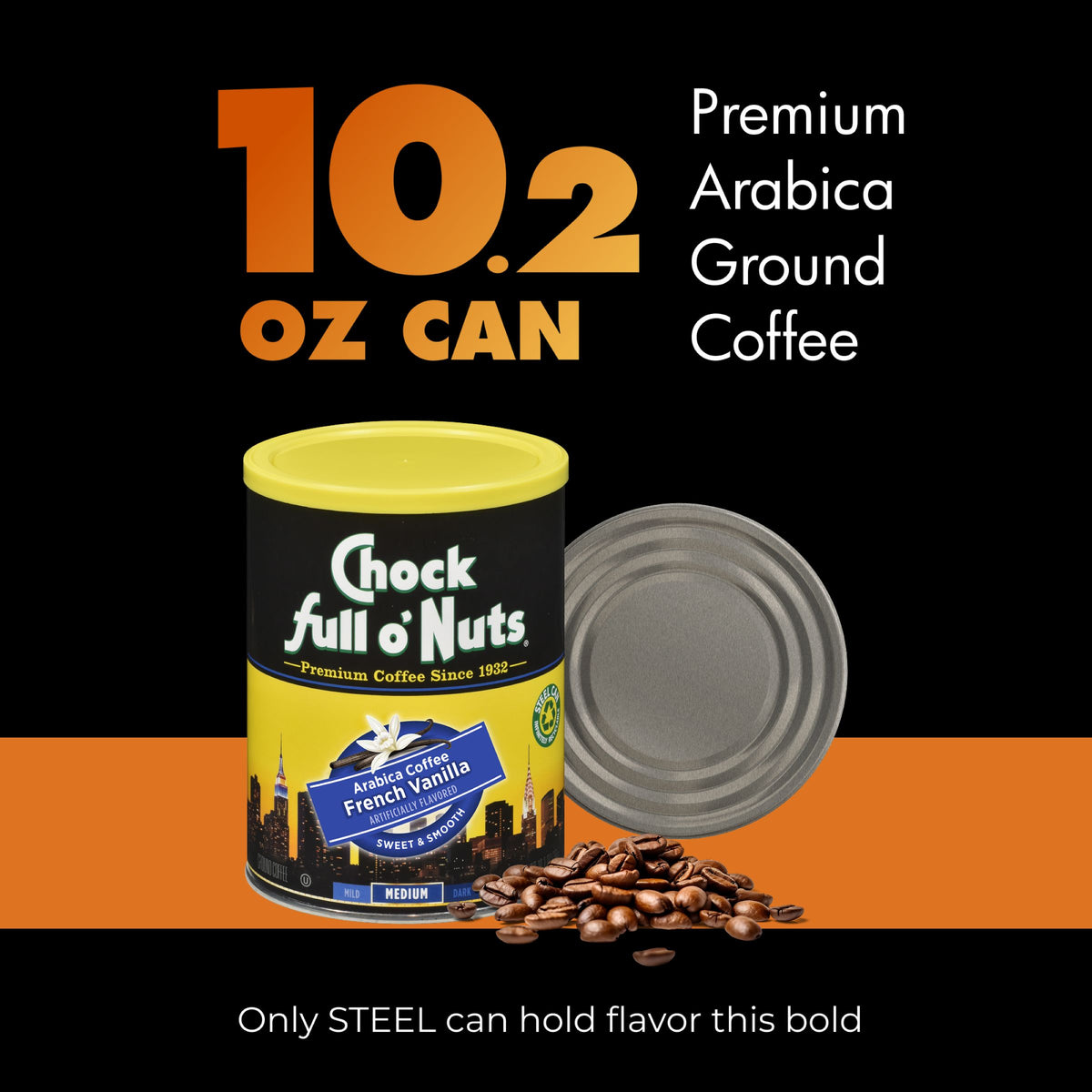 A 10.2 oz can of Chock full o’Nuts French Vanilla Medium Ground Coffee, featuring rich-flavored premium Arabica beans, comes with a lid and coffee beans on a black and orange background.