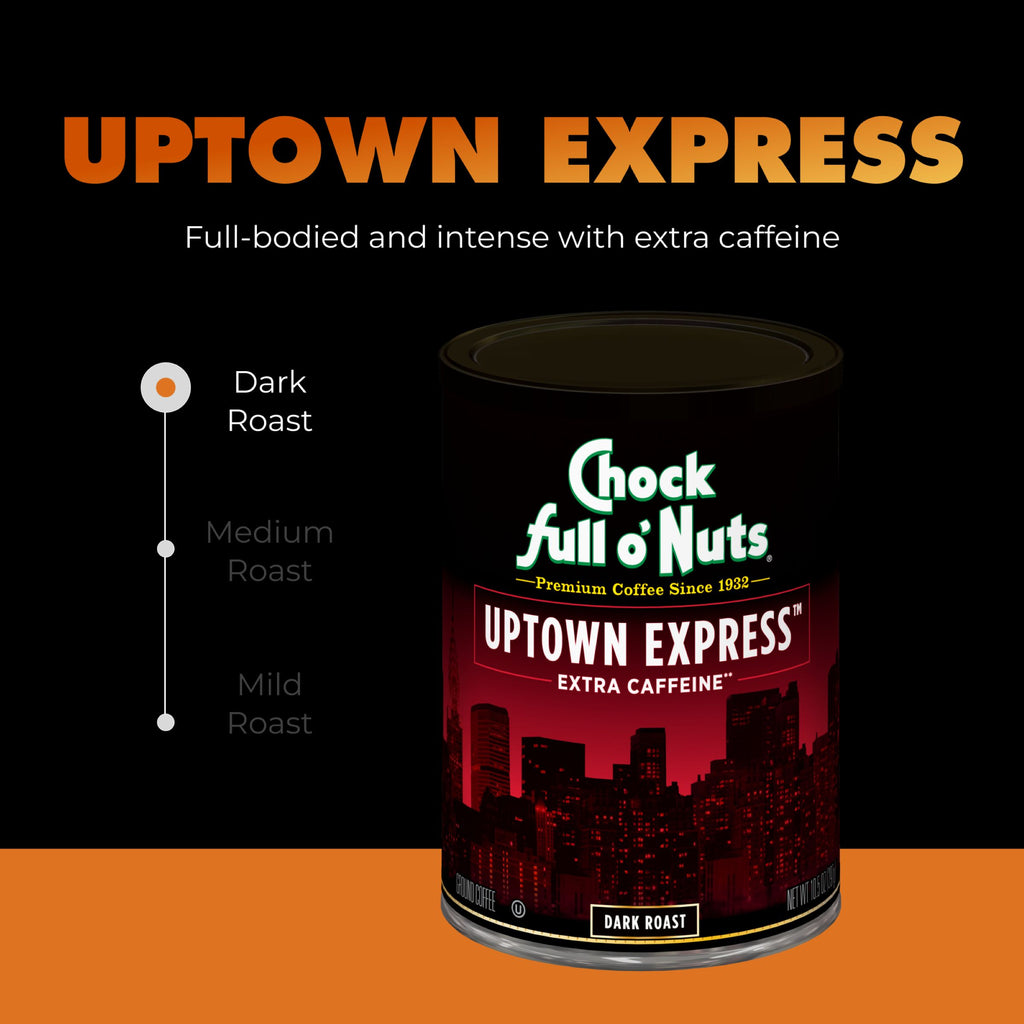 A can of Chock full o'Nuts Uptown Express - Extra Caffeine - Dark coffee appears against a black and orange background, featuring descriptive text and a dark roast indicator.