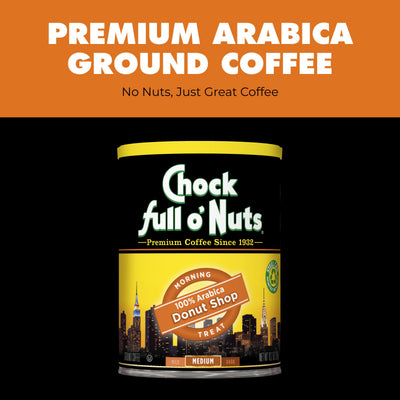 A can of Chock full o’Nuts Donut Shop Medium Roast Ground Coffee featuring New York City skyline graphics and product text.