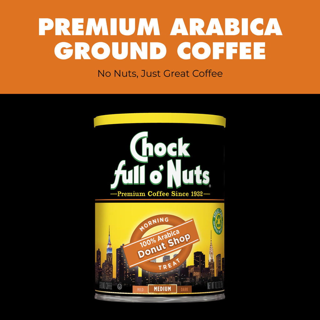 A can of Chock full o’Nuts Donut Shop Medium Roast Ground Coffee featuring New York City skyline graphics and product text.