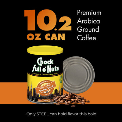 A 10.2 oz can of Chock full o’Nuts Donut Shop Medium Ground coffee features a loose lid, coffee beans, and a black and orange background. Enjoy the smooth, rich flavor of this premium medium roast coffee.