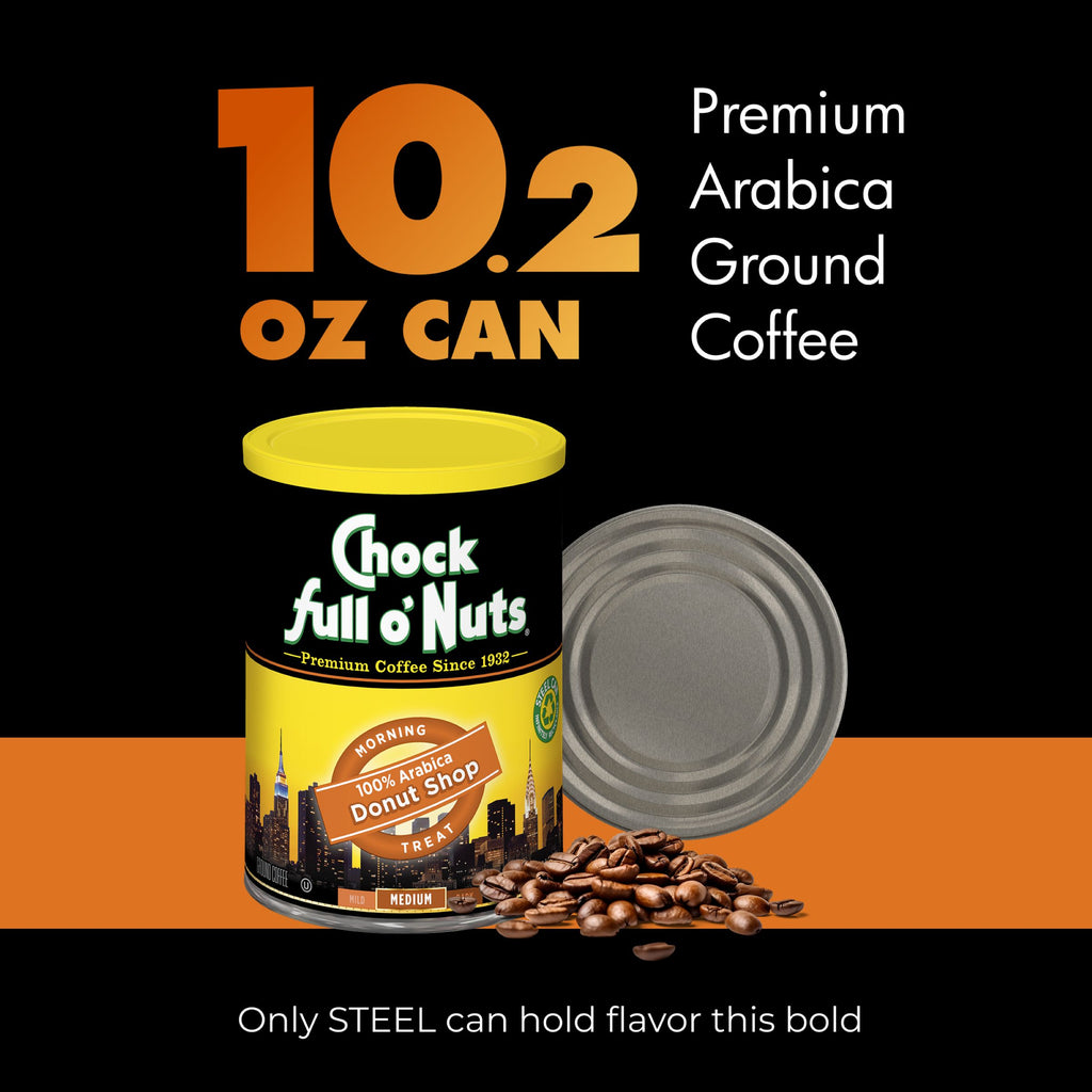 A 10.2 oz can of Chock full o’Nuts Donut Shop Medium Ground coffee sits open with coffee beans in front, set against a bold black and orange background.