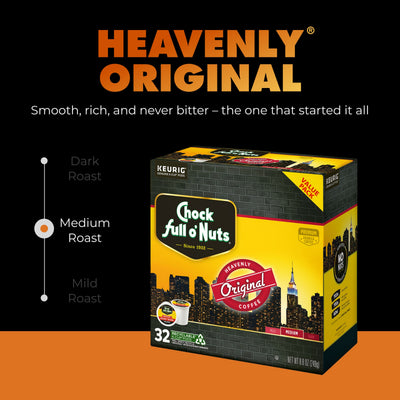 A box of Chock full o’Nuts Heavenly Original K-Cup® Pods, Medium Roast, is shown against a black background with a roast level indicator.
