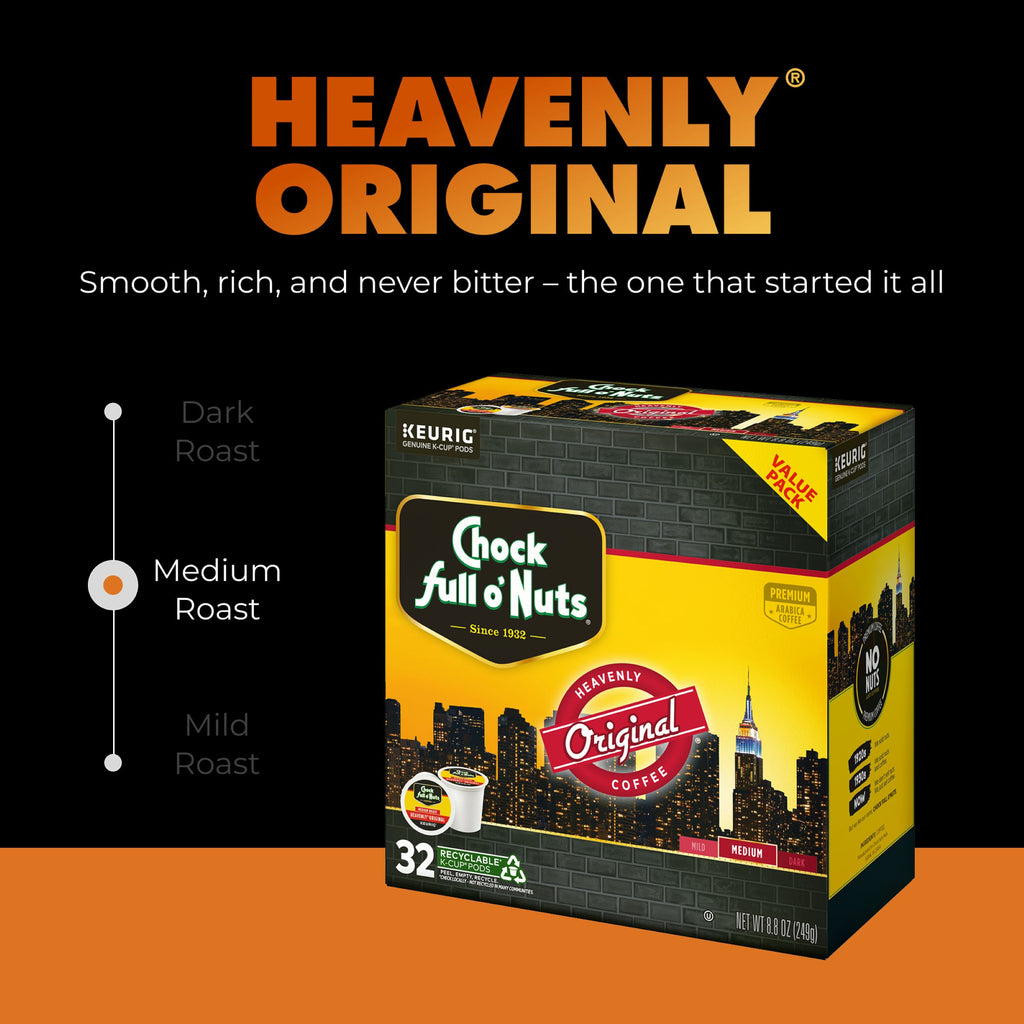 A box of Chock full o’Nuts Heavenly Original K-Cup® Pods, Medium Roast, is shown against a black background with a roast level indicator.